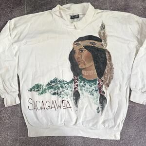 Men's Vintage 90's Hand Painted Sacagawea Native American White Sweatshirt Sz L